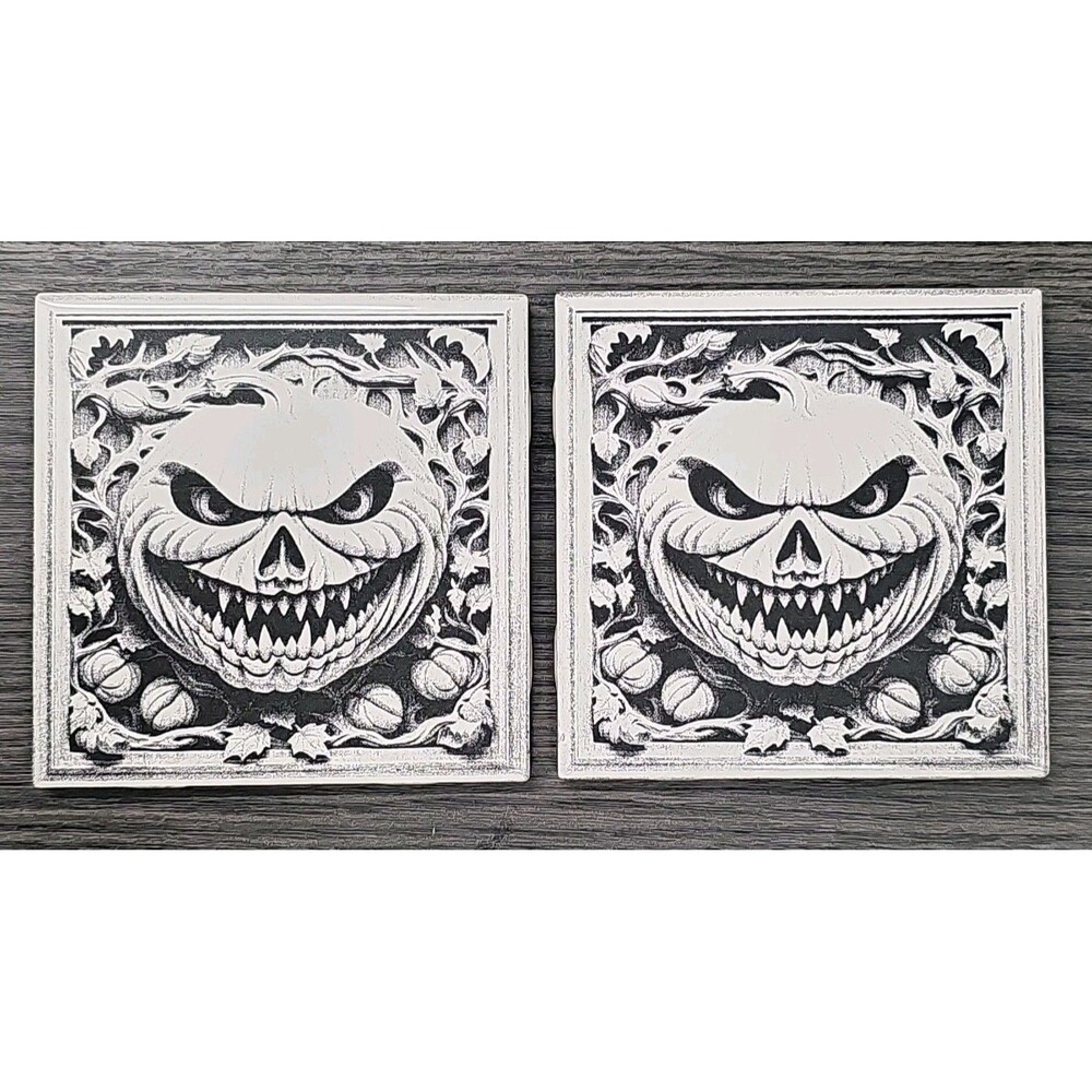 2 Laser Engraved Halloween Pumpkin Tile Coaster Spooky Jack-O'-Lantern Art
